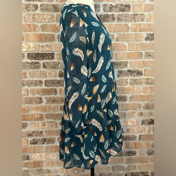 Loft green teal feather print button up dress long sleeve v neck size XS - Picture 5 of 10